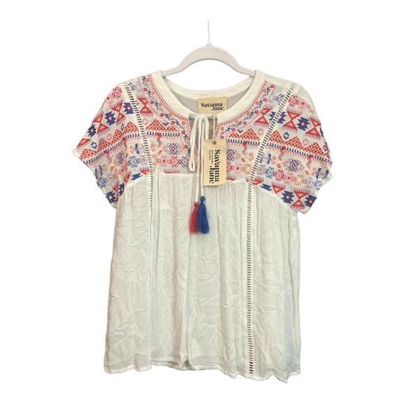 Savanna Jane NWT Embroidered Short Sleeve Peasant Blouse Tassel Tie Front Small - Picture 1 of 6